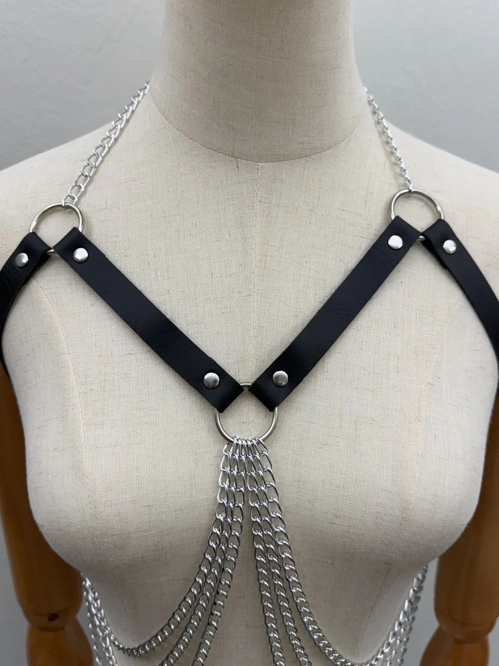 Black Faux Leather Chain Body Harness Bralette Adjustable Chest Harness